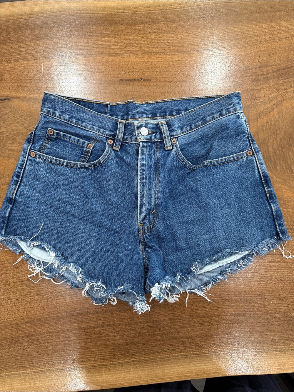 Classic High-Rise Distressed Denim Shorts - Blue